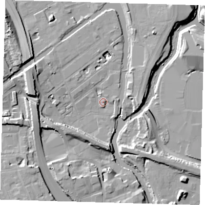 Shaded relief map of the ground around E32XE, computed from Environment Agency LiDAR. The ground here sits at about 6 m above sea level and falls 13 m across the surrounding 800 m. Surface water reaching this point runs off ground lying to the west, 13.0 m higher.