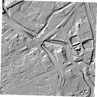 Shaded relief map of the ground around E33BW, computed from Environment Agency LiDAR. The ground here sits at about 7 m above sea level and falls 12 m across the surrounding 800 m. Surface water reaching this point runs off ground lying to the south, 9.5 m higher.