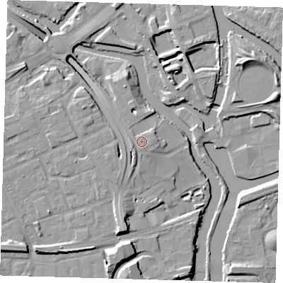 Shaded relief map of the ground around E33DA, computed from Environment Agency LiDAR. The ground here sits at about 9 m above sea level and falls 15 m across the surrounding 800 m. Surface water reaching this point runs off ground lying to the south-south-east, 0.8 m higher.