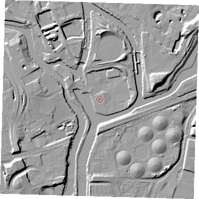 Shaded relief map of the ground around E33DU, computed from Environment Agency LiDAR. The ground here sits at about 5 m above sea level and falls 16 m across the surrounding 800 m. Surface water reaching this point runs off ground lying to the north-east, 0.6 m higher.