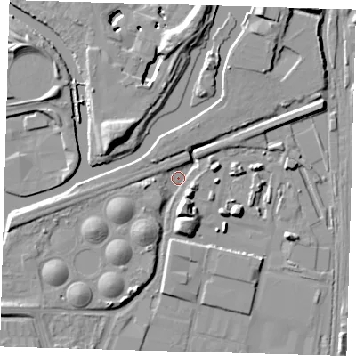 Shaded relief map of the ground around E33JL, computed from Environment Agency LiDAR. The ground here sits at about 2 m above sea level and falls 13 m across the surrounding 800 m. Surface water reaching this point runs off ground lying to the south-south-east, 9.6 m higher.