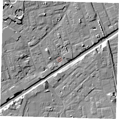 Shaded relief map of the ground around E33RT, computed from Environment Agency LiDAR. The ground here sits at about 6 m above sea level and falls 11 m across the surrounding 800 m. Surface water reaching this point runs off ground lying to the north-west, 8.0 m higher.