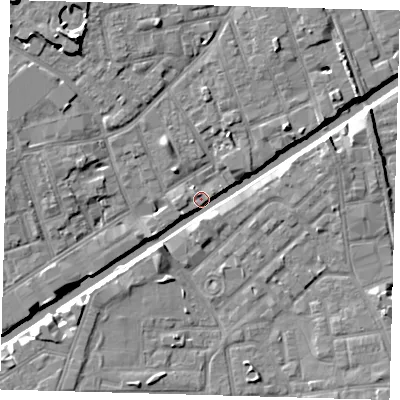 Shaded relief map of the ground around E33RZ, computed from Environment Agency LiDAR. The ground here sits at about 6 m above sea level and falls 10 m across the surrounding 800 m. Surface water reaching this point runs off ground lying to the north-west, 9.6 m higher.