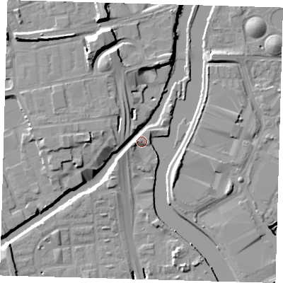 Shaded relief map of the ground around E33TH, computed from Environment Agency LiDAR. The ground here sits at about 6 m above sea level and falls 15 m across the surrounding 800 m. Surface water reaching this point runs off ground lying to the north-north-west, 9.4 m higher.