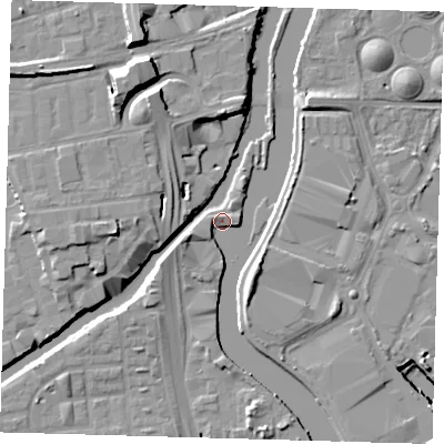 Shaded relief map of the ground around E33TJ, computed from Environment Agency LiDAR. The ground here sits at about 5 m above sea level and falls 15 m across the surrounding 800 m. Surface water reaching this point runs off ground lying to the west-south-west, 4.3 m higher.