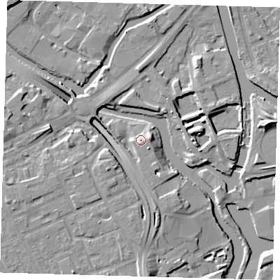 Shaded relief map of the ground around E33XJ, computed from Environment Agency LiDAR. The ground here sits at about 7 m above sea level and falls 13 m across the surrounding 800 m. Surface water reaching this point runs off ground lying to the south-south-east, 3.8 m higher.