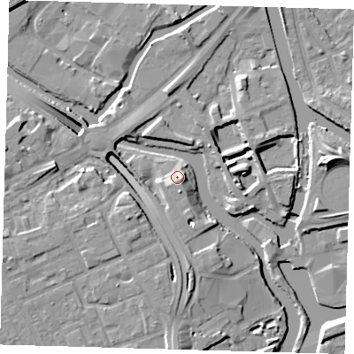 Shaded relief map of the ground around E33XL, computed from Environment Agency LiDAR. The ground here sits at about 7 m above sea level and falls 12 m across the surrounding 800 m. Surface water reaching this point runs off ground lying to the south-east, 3.7 m higher.