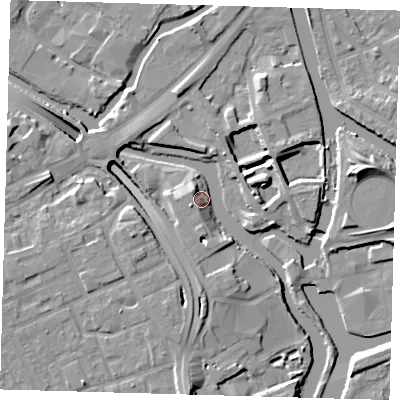 Shaded relief map of the ground around E33XN, computed from Environment Agency LiDAR. The ground here sits at about 7 m above sea level and falls 13 m across the surrounding 800 m. Surface water reaching this point runs off ground lying to the south, 6.8 m higher.