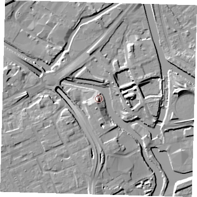 Shaded relief map of the ground around E33XP, computed from Environment Agency LiDAR. The ground here sits at about 7 m above sea level and falls 12 m across the surrounding 800 m. Surface water reaching this point runs off ground lying to the south-south-east, 6.8 m higher.
