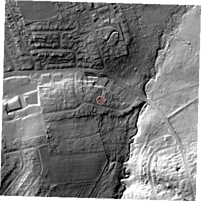 Shaded relief map of the ground around E46DU, computed from Environment Agency LiDAR. The ground here sits at about 41 m above sea level and falls 23 m across the surrounding 800 m. Surface water reaching this point runs off ground lying to the west-south-west, 7.9 m higher.