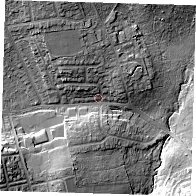 Shaded relief map of the ground around E46DW, computed from Environment Agency LiDAR. The ground here sits at about 42 m above sea level and falls 23 m across the surrounding 800 m. Surface water reaching this point runs off ground lying to the north-north-west, 17.0 m higher.
