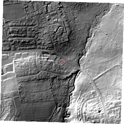 Shaded relief map of the ground around E46DZ, computed from Environment Agency LiDAR. The ground here sits at about 38 m above sea level and falls 25 m across the surrounding 800 m. Surface water reaching this point runs off ground lying to the north-west, 17.6 m higher.