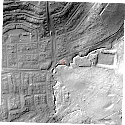 Shaded relief map of the ground around E46JA, computed from Environment Agency LiDAR. The ground here sits at about 31 m above sea level and falls 25 m across the surrounding 800 m. Surface water reaching this point runs off ground lying to the south-east, 23.4 m higher.