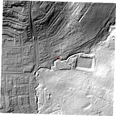 Shaded relief map of the ground around E46JB, computed from Environment Agency LiDAR. The ground here sits at about 31 m above sea level and falls 30 m across the surrounding 800 m. Surface water reaching this point runs off ground lying to the south-east, 24.7 m higher.