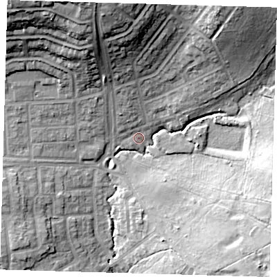Shaded relief map of the ground around E46JF, computed from Environment Agency LiDAR. The ground here sits at about 31 m above sea level and falls 27 m across the surrounding 800 m. Surface water reaching this point runs off ground lying to the north, 17.5 m higher.