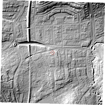 Shaded relief map of the ground around E46LP, computed from Environment Agency LiDAR. The ground here sits at about 36 m above sea level and falls 23 m across the surrounding 800 m. Surface water reaching this point runs off ground lying to the south, 2.3 m higher.