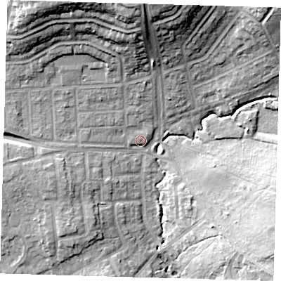 Shaded relief map of the ground around E46LW, computed from Environment Agency LiDAR. The ground here sits at about 31 m above sea level and falls 24 m across the surrounding 800 m. Surface water reaching this point runs off ground lying to the west-north-west, 1.5 m higher.