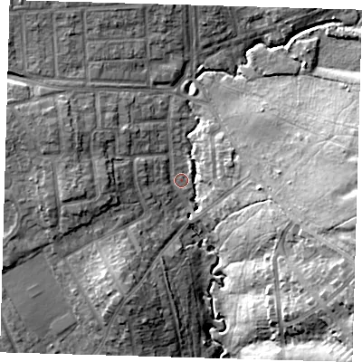 Shaded relief map of the ground around E46NA, computed from Environment Agency LiDAR. The ground here sits at about 30 m above sea level and falls 23 m across the surrounding 800 m. Surface water reaching this point runs off ground lying to the west-north-west, 9.0 m higher.