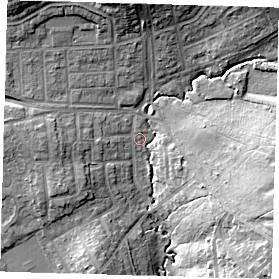 Shaded relief map of the ground around E46NB, computed from Environment Agency LiDAR. The ground here sits at about 30 m above sea level and falls 22 m across the surrounding 800 m. Surface water reaching this point runs off ground lying to the west, 9.1 m higher.
