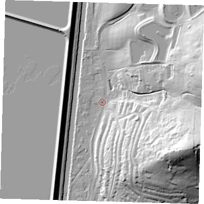 Shaded relief map of the ground around E47BF, computed from Environment Agency LiDAR. The ground here sits at about 15 m above sea level and falls 56 m across the surrounding 800 m. Surface water reaching this point runs off ground lying to the east-south-east, 34.5 m higher.