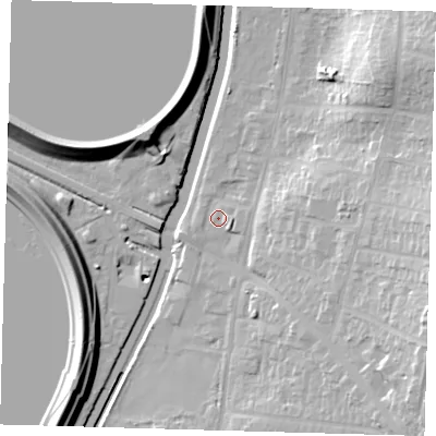 Shaded relief map of the ground around E47NZ, computed from Environment Agency LiDAR. The ground here sits at about 15 m above sea level and falls 24 m across the surrounding 800 m. Surface water reaching this point runs off ground lying to the east, 17.0 m higher.