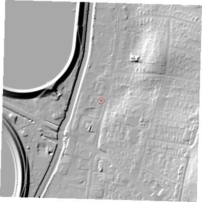 Shaded relief map of the ground around E47PA, computed from Environment Agency LiDAR. The ground here sits at about 15 m above sea level and falls 31 m across the surrounding 800 m. Surface water reaching this point runs off ground lying to the east-south-east, 20.2 m higher.