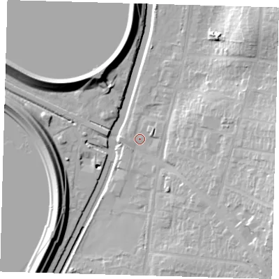 Shaded relief map of the ground around E47PX, computed from Environment Agency LiDAR. The ground here sits at about 14 m above sea level and falls 22 m across the surrounding 800 m. Surface water reaching this point runs off ground lying to the east-south-east, 17.1 m higher.