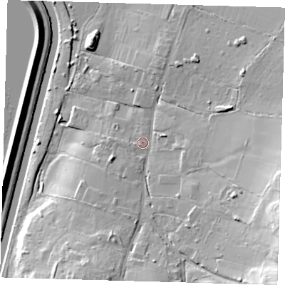 Shaded relief map of the ground around E47RF, computed from Environment Agency LiDAR. The ground here sits at about 21 m above sea level and falls 34 m across the surrounding 800 m. Surface water reaching this point runs off ground lying to the south-east, 25.6 m higher.