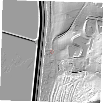 Shaded relief map of the ground around E47SD, computed from Environment Agency LiDAR. The ground here sits at about 15 m above sea level and falls 55 m across the surrounding 800 m. Surface water reaching this point runs off ground lying to the north-east, 33.7 m higher.