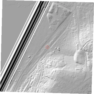 Shaded relief map of the ground around E47SR, computed from Environment Agency LiDAR. The ground here sits at about 14 m above sea level and falls 39 m across the surrounding 800 m. Surface water reaching this point runs off ground lying to the east-south-east, 34.5 m higher.