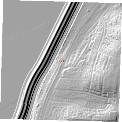 Shaded relief map of the ground around E48AQ, computed from Environment Agency LiDAR. The ground here sits at about 16 m above sea level and falls 39 m across the surrounding 800 m. Surface water reaching this point runs off ground lying to the east-south-east, 29.0 m higher.