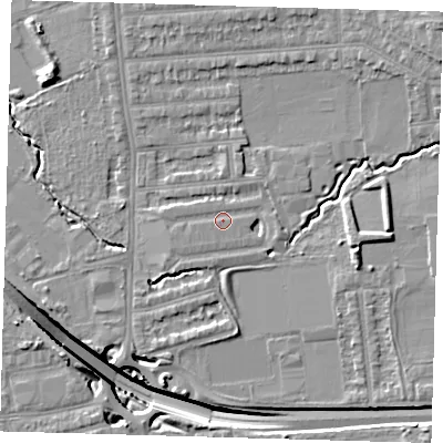 Shaded relief map of the ground around E48BJ, computed from Environment Agency LiDAR. The ground here sits at about 15 m above sea level and falls 17 m across the surrounding 800 m. Surface water reaching this point runs off ground lying to the north-east, 1.0 m higher.