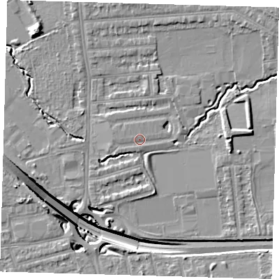Shaded relief map of the ground around E48DF, computed from Environment Agency LiDAR. The ground here sits at about 15 m above sea level and falls 16 m across the surrounding 800 m. Surface water reaching this point runs off ground lying to the east-north-east, 2.0 m higher.