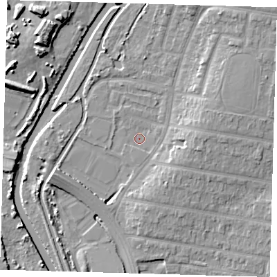 Shaded relief map of the ground around E48DJ, computed from Environment Agency LiDAR. The ground here sits at about 11 m above sea level and falls 12 m across the surrounding 800 m. Surface water reaching this point runs off ground lying to the east, 5.8 m higher.