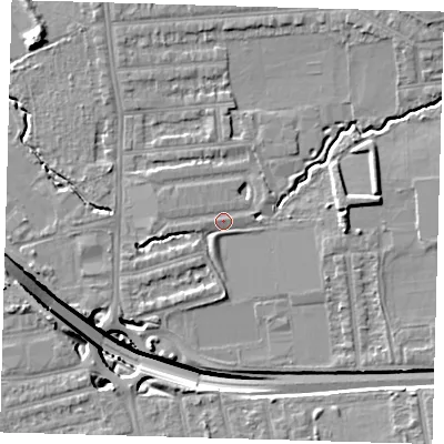 Shaded relief map of the ground around E48EB, computed from Environment Agency LiDAR. The ground here sits at about 15 m above sea level and falls 17 m across the surrounding 800 m. Surface water reaching this point runs off ground lying to the north-east, 6.8 m higher.