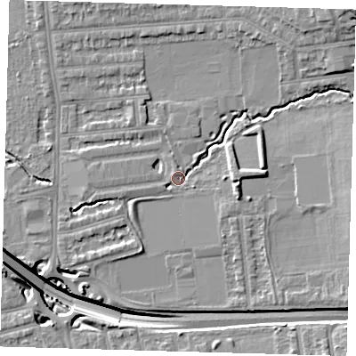 Shaded relief map of the ground around E48ED, computed from Environment Agency LiDAR. The ground here sits at about 15 m above sea level and falls 21 m across the surrounding 800 m. Surface water reaching this point runs off ground lying to the north-east, 11.9 m higher.