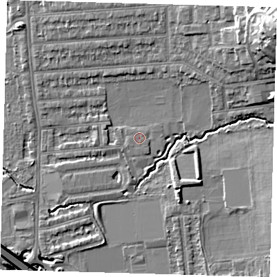 Shaded relief map of the ground around E48ES, computed from Environment Agency LiDAR. The ground here sits at about 15 m above sea level and falls 28 m across the surrounding 800 m. The ground contributing surface water to this point lies to the west-south-west.
