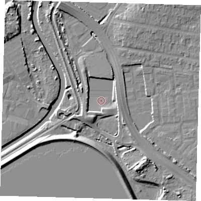 Shaded relief map of the ground around E48GP, computed from Environment Agency LiDAR. The ground here sits at about 9 m above sea level and falls 11 m across the surrounding 800 m. Surface water reaching this point runs off ground lying to the south-west, 4.3 m higher.