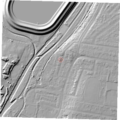 Shaded relief map of the ground around E48HA, computed from Environment Agency LiDAR. The ground here sits at about 13 m above sea level and falls 15 m across the surrounding 800 m. Surface water reaching this point runs off ground lying to the north-east, 5.3 m higher.