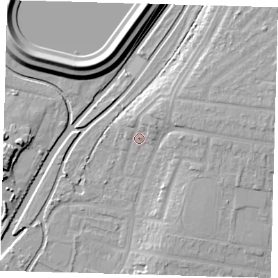 Shaded relief map of the ground around E48HB, computed from Environment Agency LiDAR. The ground here sits at about 13 m above sea level and falls 15 m across the surrounding 800 m. Surface water reaching this point runs off ground lying to the north-east, 5.2 m higher.