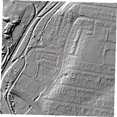 Shaded relief map of the ground around E48HY, computed from Environment Agency LiDAR. The ground here sits at about 11 m above sea level and falls 12 m across the surrounding 800 m. Surface water reaching this point runs off ground lying to the north-east, 8.7 m higher.
