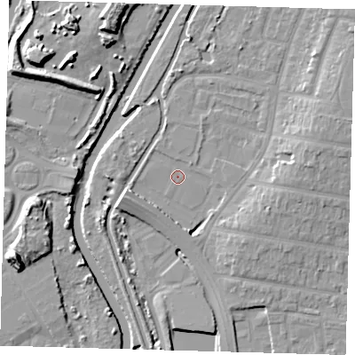 Shaded relief map of the ground around E48JA, computed from Environment Agency LiDAR. The ground here sits at about 11 m above sea level and falls 14 m across the surrounding 800 m. Surface water reaching this point runs off ground lying to the east, 8.5 m higher.
