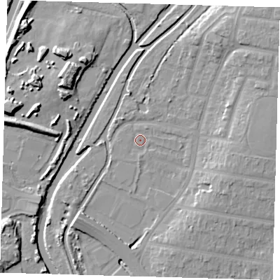 Shaded relief map of the ground around E48JB, computed from Environment Agency LiDAR. The ground here sits at about 11 m above sea level and falls 12 m across the surrounding 800 m. Surface water reaching this point runs off ground lying to the north-east, 10.9 m higher.
