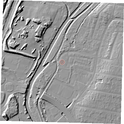 Shaded relief map of the ground around E48JD, computed from Environment Agency LiDAR. The ground here sits at about 11 m above sea level and falls 14 m across the surrounding 800 m. Surface water reaching this point runs off ground lying to the north-east, 10.4 m higher.