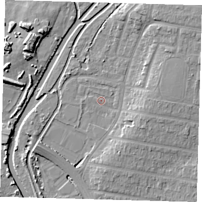 Shaded relief map of the ground around E48JE, computed from Environment Agency LiDAR. The ground here sits at about 11 m above sea level and falls 12 m across the surrounding 800 m. Surface water reaching this point runs off ground lying to the north-east, 11.2 m higher.