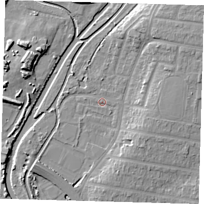 Shaded relief map of the ground around E48JG, computed from Environment Agency LiDAR. The ground here sits at about 12 m above sea level and falls 12 m across the surrounding 800 m. Surface water reaching this point runs off ground lying to the east-north-east, 0.8 m higher.