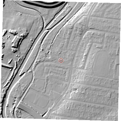 Shaded relief map of the ground around E48JQ, computed from Environment Agency LiDAR. The ground here sits at about 12 m above sea level and falls 15 m across the surrounding 800 m. Surface water reaching this point runs off ground lying to the north-north-east, 6.5 m higher.