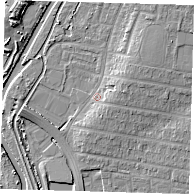 Shaded relief map of the ground around E48NU, computed from Environment Agency LiDAR. The ground here sits at about 12 m above sea level and falls 12 m across the surrounding 800 m. Surface water reaching this point runs off ground lying to the east, 5.1 m higher.
