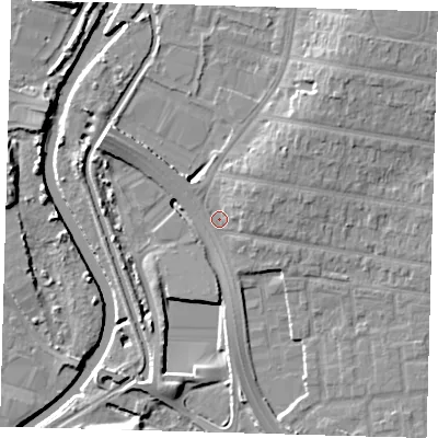 Shaded relief map of the ground around E48PY, computed from Environment Agency LiDAR. The ground here sits at about 12 m above sea level and falls 9 m across the surrounding 800 m. Surface water reaching this point runs off ground lying to the east-north-east, 2.6 m higher.