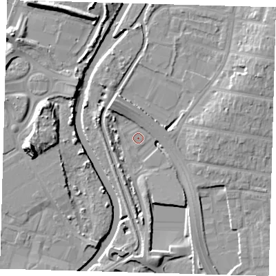 Shaded relief map of the ground around E48PZ, computed from Environment Agency LiDAR. The ground here sits at about 10 m above sea level and falls 14 m across the surrounding 800 m. Surface water reaching this point runs off ground lying to the south, 5.6 m higher.